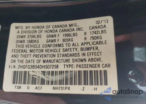 2013 Honda Civic Lx z USA, uszkodzony, nr VIN 2HGFG3B54DH507258